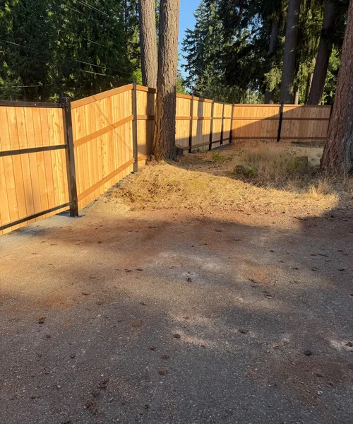 110ft Cedar fence with 3x3 metal post end metal frame for 2 gates in Puyallup 